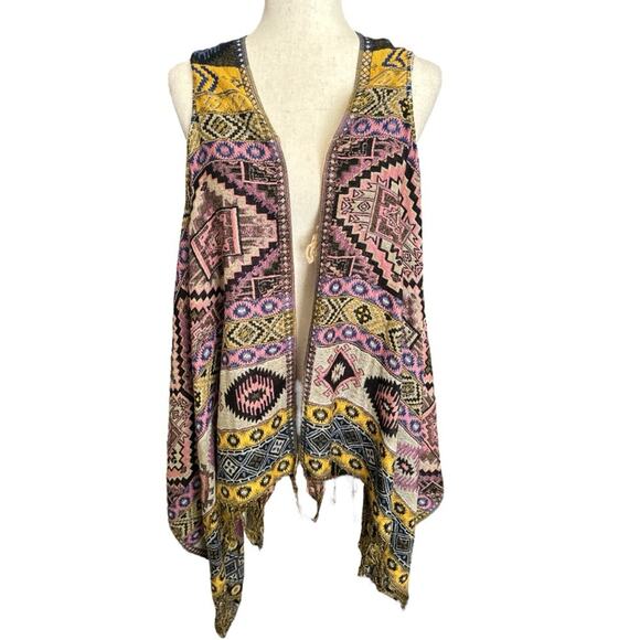 Boho Hippie Southwest Print Fringed Vest One Size - Picture 3 of 8